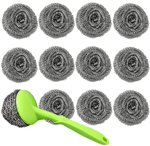 Dtoterul Eponge Métallique avec Poignée 12 Pieces Eponge Lavable Éponges en Acier Inoxydable Tampons à Récurer en Métal ÉPonges De Nettoyage Inoxydable Eponge Cuisine(Poignée de Couleur Aléatoire)