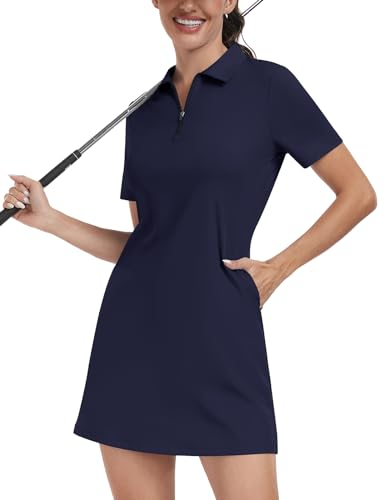 Soneven Damen Tenniskleid mit Hose 1/4 Zip Tennis Kleidung Set Kurzarm Sportkleider Sommerkleid Golfkleid Für Sport Tennis Baseball,Dunkelblau,M