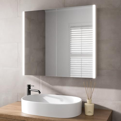 BAYSTONE Illuminated LED Bathroom Mirror Storage Cabinet Wall Mounted with Demister Pad & Shaver Socket Mains Power 700x800mm