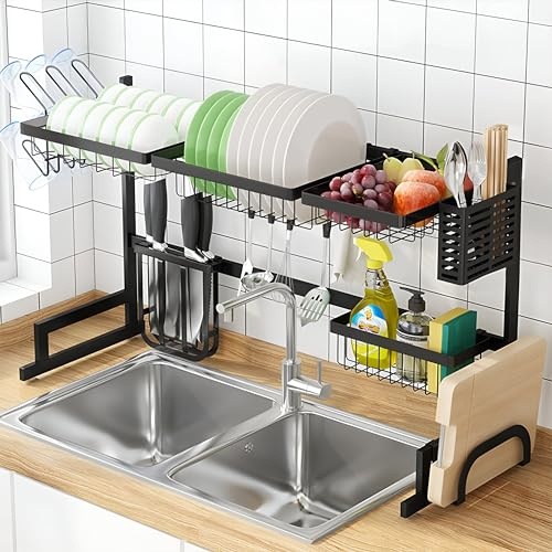 JUPPLIES Escurreplatos con Soporte para Utensilios y Tabla de Cortar - Escurridor de Platos de 2 Niveles para Fregadero Estante de Secado de Platos 97x27x55 cm Negro