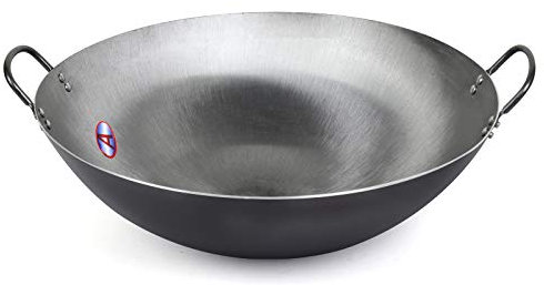 OQHAIR Wok Grand Wok en Acier au Carbone martelé à la Main de Style Canton (Fond Rond), 50 cm (36 cm)
