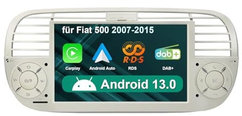 Android 14 Wireless Carplay Autoradio per Fiat 500 2007-2015 con 7 pollici IPS Touchscreen, supporto GPS Navi WiFi Bluetooth4.0 FM RDS SWC DAB+Android Auto Cream 2GB+32GB