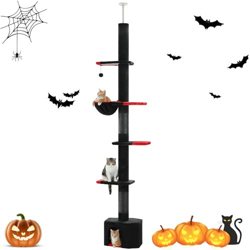 PAWZ Road Árbol gótico para gatos, torre para gatos de suelo a techo con altura ajustable (264-304 cm), condominio negro de 5 niveles para gatos con hamaca acogedora, postes totalmente rascadores y