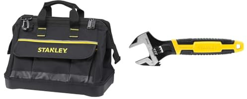 STANLEY 600 Denier Open Mouth Tote Tool Bag, Multi-Pocket Storage Organiser for Tools and Small Part & MAXSTEEL Adjustable Wrench 30 x 200 mm Protective Phosphate Finish and Ergonomic Bi Material