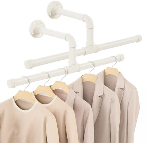 Yawinhe Industrierohr Kleiderstangen, Kleiderständer für die Wand, Rustikale Kleideraufbewahrung, Platzsparenders Wandregal Küchenregal, für kleine Zimmer, Weiß, 51cm, 2-Pack