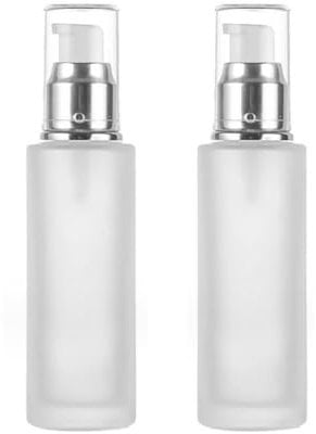 Upstore 2Pcs 120ml/4oz Empty Clear Frosted Glass Lotion Pump Dispenser Bottle Refillable Cosmetic Cream Container Travel Toiletries Pump Dispenser Vials for Emulsion Essencial Oil