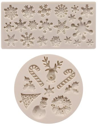 Durdiiy Lot de 2 moules en silicone anti-adhésif pour décoration de gâteau de Noël, sucre d'orge, flocon de neige, bonhomme de neige, renne, arbre de Noël, feuilles pour faire des gâteaux au chocolat,