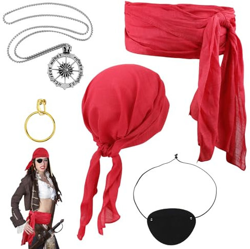 PEUTIER 5pcs Accessoires de Pirate, Bandeau Rouge Ceinture Cache Oeil Pendentif Boucle d'Oreille Costume de Pirate Femme Accessoires de Costume de Pirate pour Mascarade Cosplay Théâtre