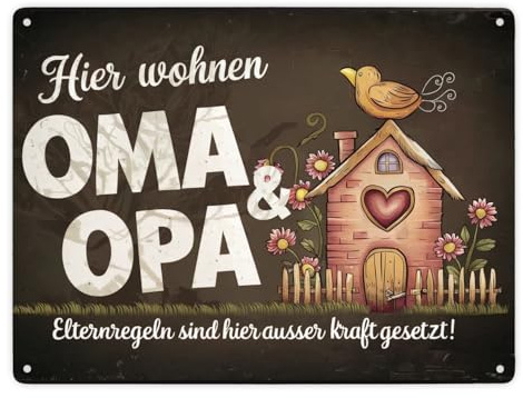 Hier wohnen Oma und Opa - Metallschild XXL in 28x38 cm - Elternregeln außer Kraft Ein Zuhause für Großeltern Dunkle Töne für eine elegante Note