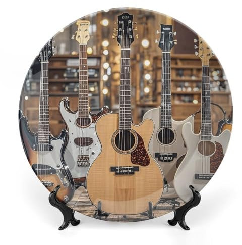 SLKMHFT Dekorativer Teller aus Knochenporzellan, mit Display, Gitarre, Bass, Musik, Musikinstrumente, bedruckte Keramik-Dekorplatte, Speiseteller, Basteln, dekorative Teller für Zuhause, hängende