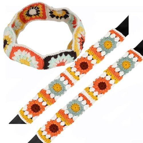 Besttoolifes 3-teiliges niedliches gehäkeltes Lenkradbezug im Boho-Stil für Damen, Sonnenblumen-Gurtpolster, gehäkeltes Sonnenblumen-Lenkradbezug-Set, Vintage-Stil, gestrickte