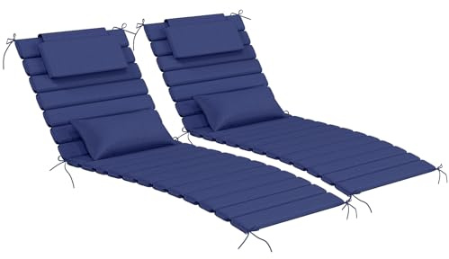 AOFEITE 2PCS Outdoor Water-Resistant Olefin Chaise Lounge Cushions with Pillow, Weather and Fade Resistant Foldable Quilted Patio Reclining Lounger Chair Cushions with Straps, Dark Blue, 81L x 27W