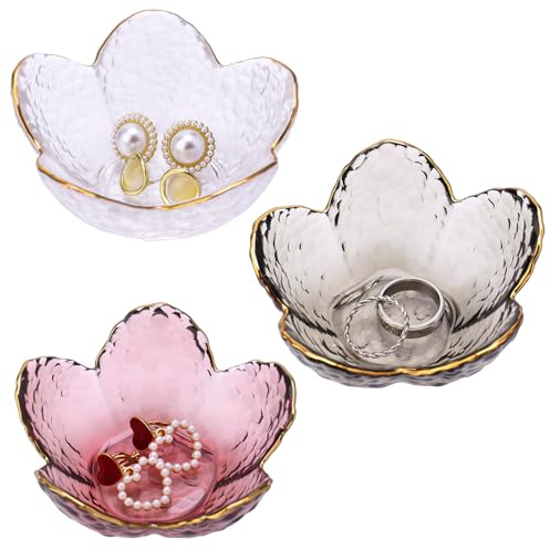 dusaniyali 3 Stück Schmuckschale Glas Schmucktablett Transparent Schmuckteller Tablett Deko Blattschale Schmuck Tablett für Schlüssel Ringe Schmuck