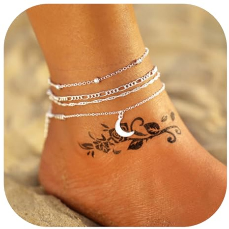 JEYORZY 4pcs Bracelets de cheville en perles Boho Chaîne en argent Bracelets de cheville Brtacelets Accessoires de plage Bijoux de pied réglables pour femmes et filles