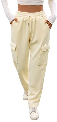YloveM Women's Fleece Lined Wide Leg Joggers Winter Warm Tracksuit Bottoms with Pockets High Waisted Sweatpants for Running Apricot L