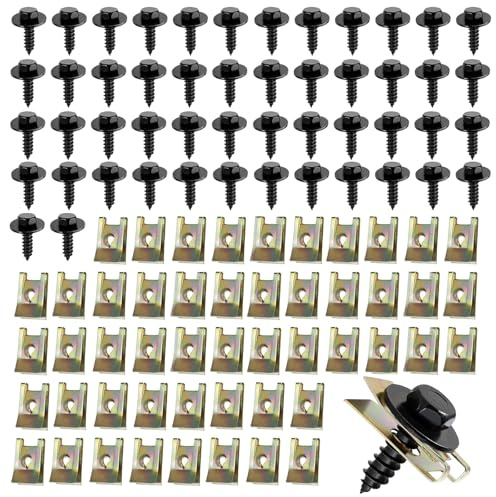 CafullCon 100 Stück Blechmutter Schraube Mutter Clip Kit, Karosserie Klemmen Schnappmutter Set, 36 Sätze Edelstahl Feder Blechnmutter und U Typ Karosserieschrauben für Auto Motorrad