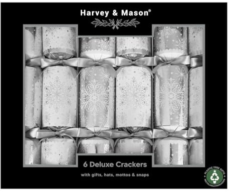 Harvey & Mason Pack of 6 Deluxe Silver Snowflake White Christmas Crackers - 13.5 Metallic Festive Xmas Holiday Dinner Table Decorations - Novelty Fun Prizes Gifts Contains Hats Jokes