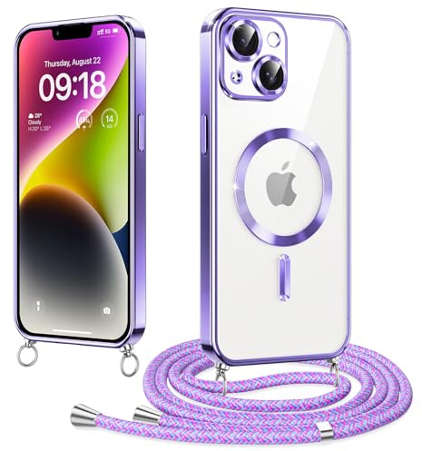 Micnkifo Magnétique Coque avec Cordon pour iPhone 14 Plus, Compatible avec MagSafe, Coque Magnétique en Galvanisé avec Réglable Collier Lanyard, Antichoc pour iPhone 14 Plus, Violet