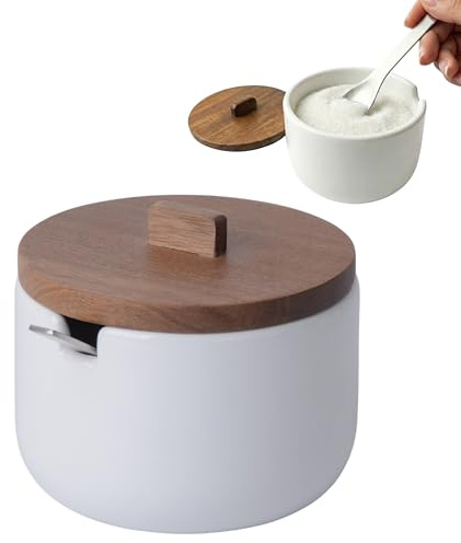 KOOK TIME Ceramic Sugar Bowl with Spoon and Acacia Lid, 10.5 cm, White | CURVE series, small kitchen canister for salt, spices or grated cheese, Nordic design, serving pot