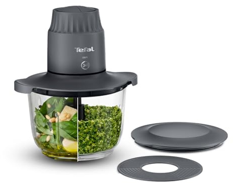 Tefal Choppeo Mini Food Processor and Chopper, 2L Glass Bowl, Grey | 500W, 4 Stainless Steel Blades, 2 Speeds, Anti-Slip Mat, Storage Lid, Chop, Mix and Mince, MB603BG1