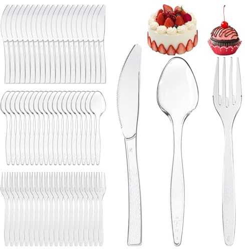 Juego de 150 cubiertos reutilizables, cubiertos para fiestas, juego de cucharas práctico para uso familiar, tenedores de postre reutilizables y lavables para fiestas (Transparente)