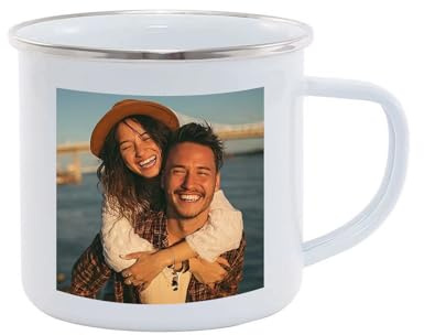 DIY Blank Stainless Steel Enamel Mug with Silver Rim, Personalised for Picture Text, Coffee Tea Cup for Hot Cold Drinks, Presents for Dad Father's Gift