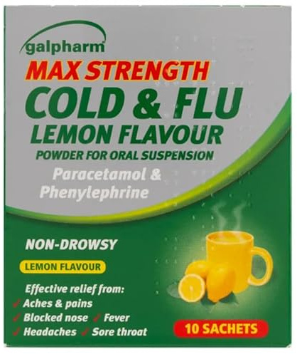 Galpharm Max Cold & Flu Lemon Sachets 10 Pack | Hot Lemon Cold & Flu Relief Drink | Paracetamol Based Relief for Fever, Headache & Congestion