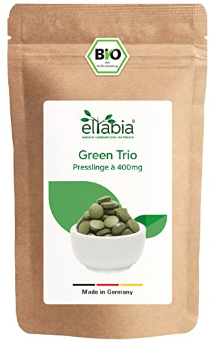 Bio Green Trio Presslinge 200g | 500 Tabs mit 1/3 Chlorella Spirulina Gerstengras | Rohkost Tabletten 400mg pro Tab | 100% rein und ohne Zusatzstoffe