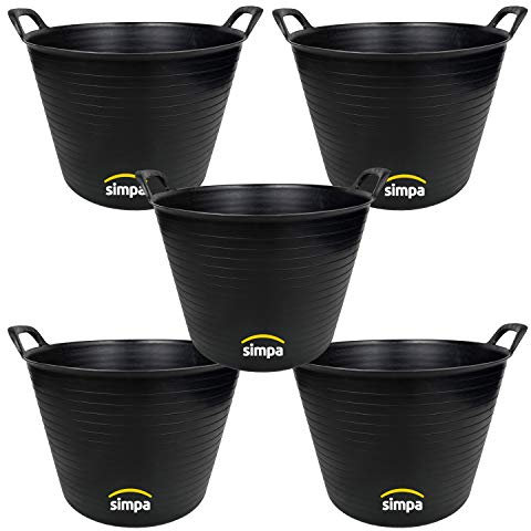 simpa 5 x 42L 42 Litre Large Robust Flexi Tub - BLACK - Multi Purpose Flexible Plastic Storage Container Bucket