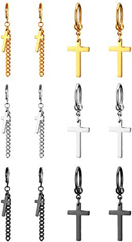 Aroncent Ohrringe Kreuz Anhänger Ohrstecker: Herren Damen Hängeohrringe Creolen Ohrringe mit Kreuzanhänger Edelstahl Ohrring Set Kette hängend Kreuz Gold Silber Schwarz