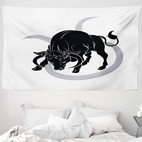ABAKUHAUS Sternzeichen Stier Wandteppich und Tagesdecke, Black Ox und Zeichen aus Weiches Mikrofaser Stoff Waschbar ohne Verblassen Digitaldruck, 230 x 140 cm, Weiß und Schwarz
