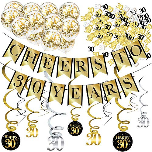 30. Geburtstag Party Dekorations-Set – Cheers to 30 Years Banner, Ballons, Wirbelgirlanden und Konfetti Partyzubehör für Geburtstage, Jahrestage und weitere Anlässe