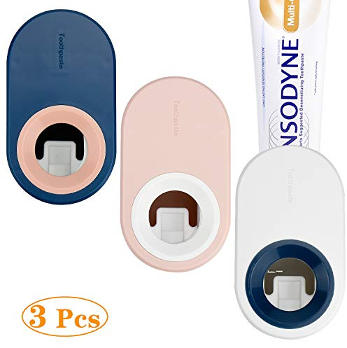 KARAA 3Pcs Automatisch Zahnpastaspender Auto Zahnpastasqueezer Selbstklebend Wandmontage für Waschraum Badezimmer Blau weiß rosa Kinder und Erwachsene Ohne Bohren