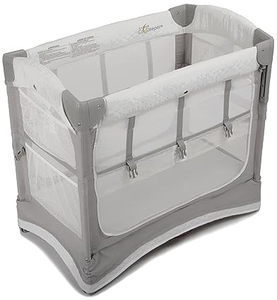 Arm’s Reach Mini Ezee 3 in 1 Co-Sleeper Folding Bedside Bassinet and Play Yard Featuring Breathable Mesh Sides with Side Pockets for Storage and 4-Inch Sleeping Nest Height