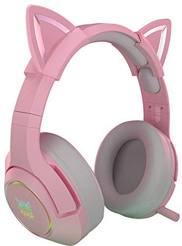 Cat Ear Gaming Headset, Gaming Headset with Noise Cancelling Mic, Cute Pink Cat Ears, RGB Light and 7.1 Surround Sound, 50 mm Speaker, PC Music Headset for Girls (with 1: 2 Adapter Cable)