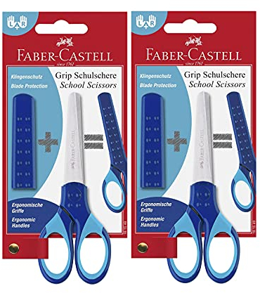 Faber-Castell 181549 - Schulschere Grip mit Klingenschutz (Blau 2 Stück)