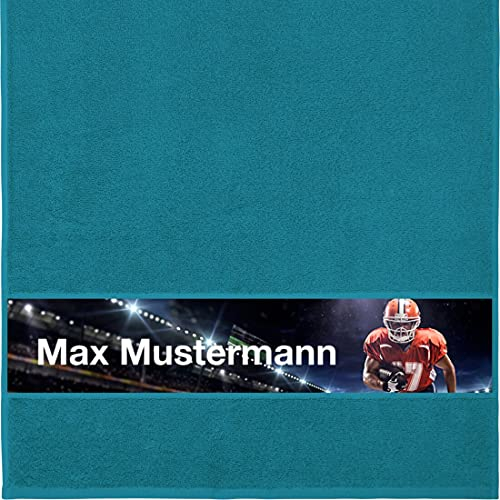 Manutextur Handtuch Mit Namen - Personalisiert - American Football Motiv - Viele Farben - Dusch-Handtuch - Petrol - Größe 50x100 cm - Persönliches Geschenk Mit Wunsch-Name