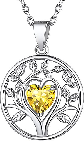925 Sterling Silver Tree of Life Necklaces Simulated Yellow Citrine November Birthstone Dainty Small Heart Family Tree Pendant Necklace for Women Girls Teens
