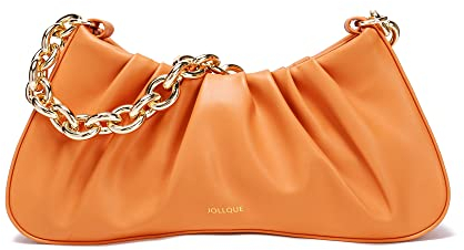 JOLLQUE Borsa a tracolla per le donne, piccola pelle gnocchi borse borsetta, catena oro sera pochette, Colore: arancione.