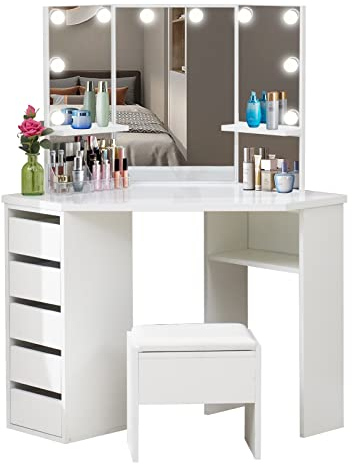 TUKAILAi White Dressing Table Set with Hollywood RGB LED Lights Corner Curved Makeup Desk with 5 Drawer 3 Mirror and Stool Makeup Vanity Table Bedroom Furniture