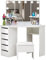 TUKAILAi White Dressing Table Set with Hollywood RGB LED Lights Corner Curved Makeup Desk with 5 Drawer 3 Mirror and Stool Makeup Vanity Table Bedroom Furniture