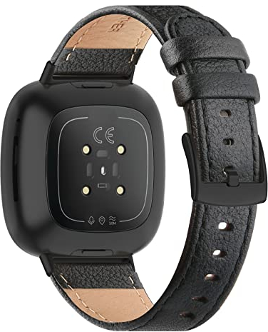 Tuocal Leder Armband Kompatibel für Versa 3 / 4, Echtleder Ersatzband Weiches Atmungsaktives Armband für Damen und Herren