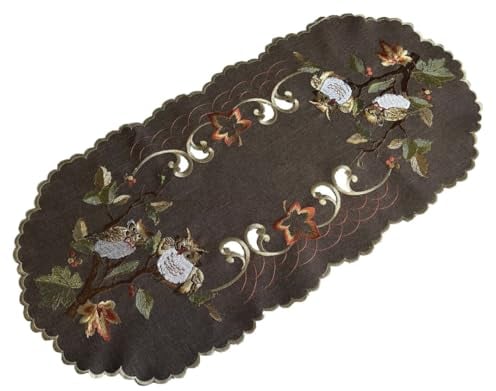 Eule Kastanie Herbst Stickerei Tischdecke Tischläufer Leinen-Optik Braun (40 x 90 cm)