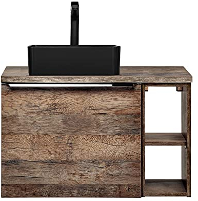 Lomadox Badmöbel Waschtisch-Unterschrank Set mit Regal, Vintage Oak Eiche, 37cm Keramik Waschbecken, 2 Softclose-Schubkästen, B/H/T 80,4/61,5/46 cm