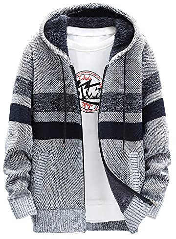 Coupe Vent Homme Marque Slim Veste Polaire Chaude et Epaisse Travail Cardigan Homme Long Capuche Rayee Hiver Doudoune sans Manche Gros Pull Laine Argent 3XL