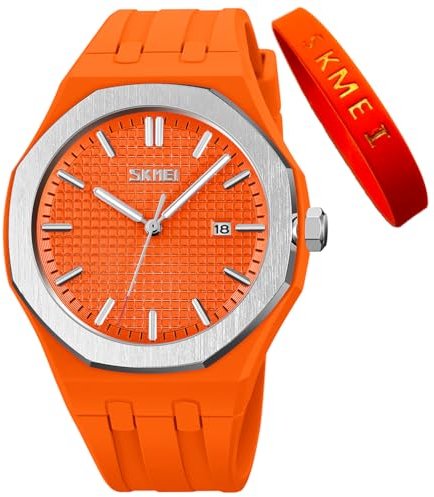 SKMEI Armbanduhr, für Herren, Silikon, leicht ablesbar, wasserdicht, Sport, Freizeit, modisch, analog, Quarz, leuchtend, Geschenk für Väter, Schwarz, G9299orange, modisch