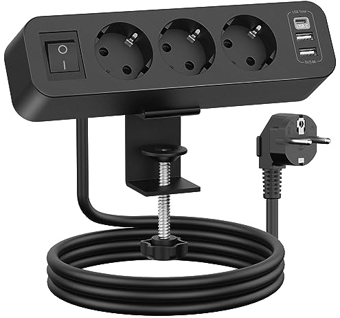 3 Fach Tischsteckdose mit 2 QC und Typ-C PD20W, 7 in 1 Mehrfachsteckdose 3 USB mit Schalter, Steckdosenleiste Schreibtisch mit 2M Kabel für Zuhause Büro