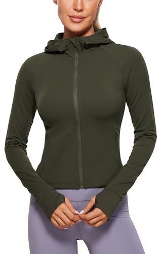 CRZ YOGA Damen Butterluxe Kapuzenpullover Hoodie Zip Up Sweatjacke Workout Langarm Hoody Kapuzenjacke mit Daumenloch Olivgrün 42