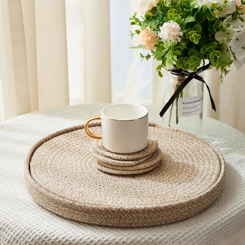 Woven Cotton Rope Round Placemats Set of 9 Pcs with Holder Included, Handmade Boho Woven 13 Placemats&4.3 Coasters,Non-Slip and Heat Resistant for Your Perfect Table Decor(Brown&White)