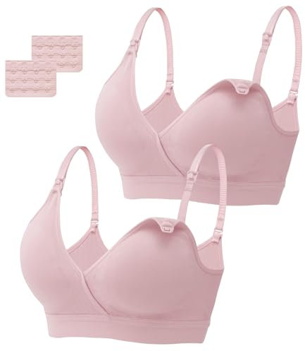 HBselect 2 Stück Still-BH Ohne Bügel Schwangerschafts BH Nahtloser Mutterschaft BH Umstands BH mit Zusätzlichen BH-Verlängerungen Rosa*2 L